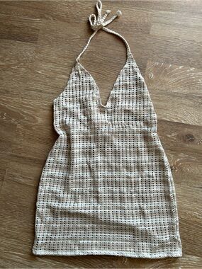 Neutral Crochet Halter Mini Dress